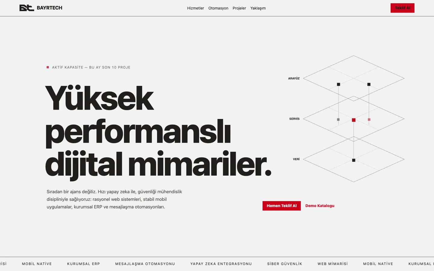 BayrTech sitesinin önceki sürümü: açık zeminli, tek ekrana sığan klasik ajans düzeni.
