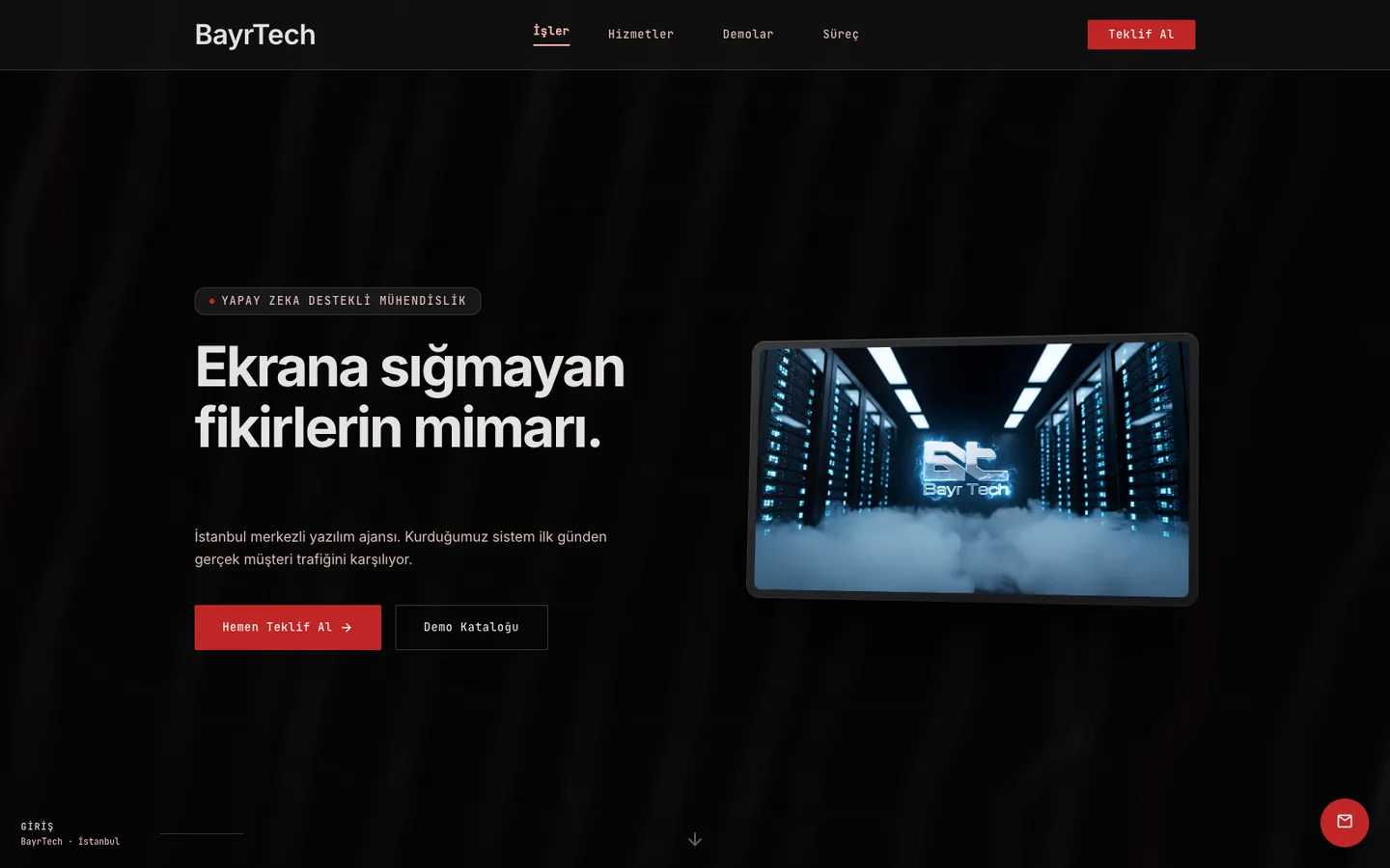 BayrTech sitesinin bugünkü sürümü: koyu zeminli, scroll ile ilerleyen sinematik düzen.