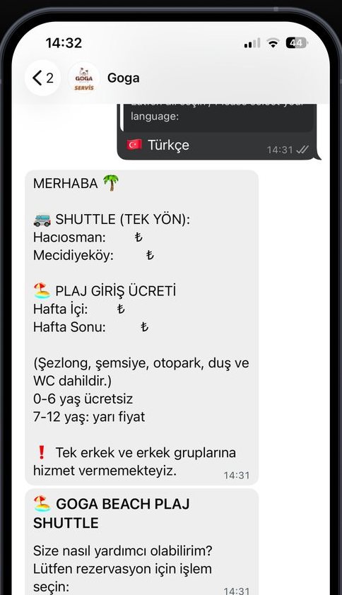 GogaBeach WhatsApp botunun rezervasyon akışını yürüttüğü gerçek sohbet ekranı.